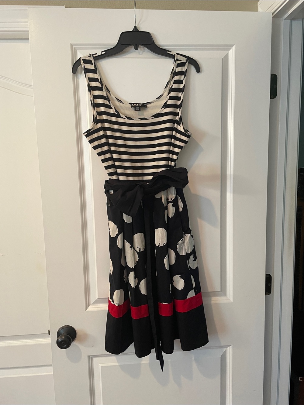 DKNY Black, White & Red Striped Tank Polka Dot Midi Dress